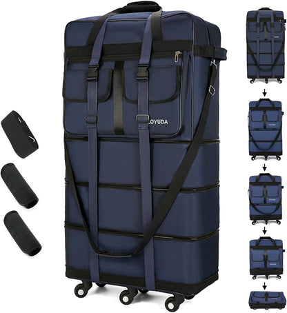 130L Expandable Luggage, 40 Inch Suitcase with Wheels, Collapsible Luggage with Wheels, Rolling Duffle Bag with wheels, Foldable Suitcasewith2Handle Wrap 2Fixing Straps 1Shoulder Strap (Green)