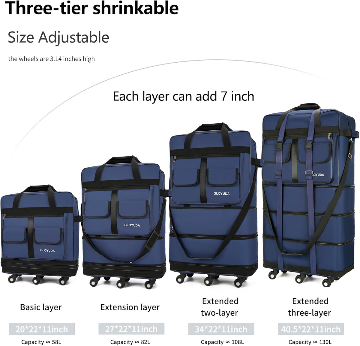 130L Expandable Luggage, 40 Inch Suitcase with Wheels, Collapsible Luggage with Wheels, Rolling Duffle Bag with wheels, Foldable Suitcasewith2Handle Wrap 2Fixing Straps 1Shoulder Strap (Green)