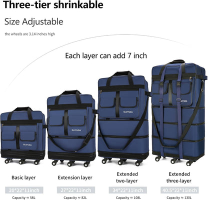 130L Expandable Luggage, 40 Inch Suitcase with Wheels, Collapsible Luggage with Wheels, Rolling Duffle Bag with wheels, Foldable Suitcasewith2Handle Wrap 2Fixing Straps 1Shoulder Strap (Green)