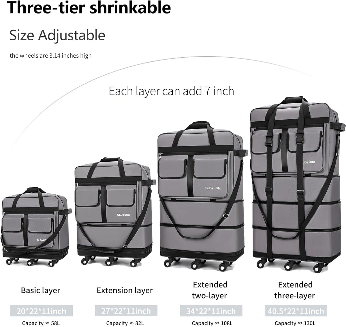 130L Expandable Luggage, 40 Inch Suitcase with Wheels, Collapsible Luggage with Wheels, Rolling Duffle Bag with wheels, Foldable Suitcasewith2Handle Wrap 2Fixing Straps 1Shoulder Strap (Green)