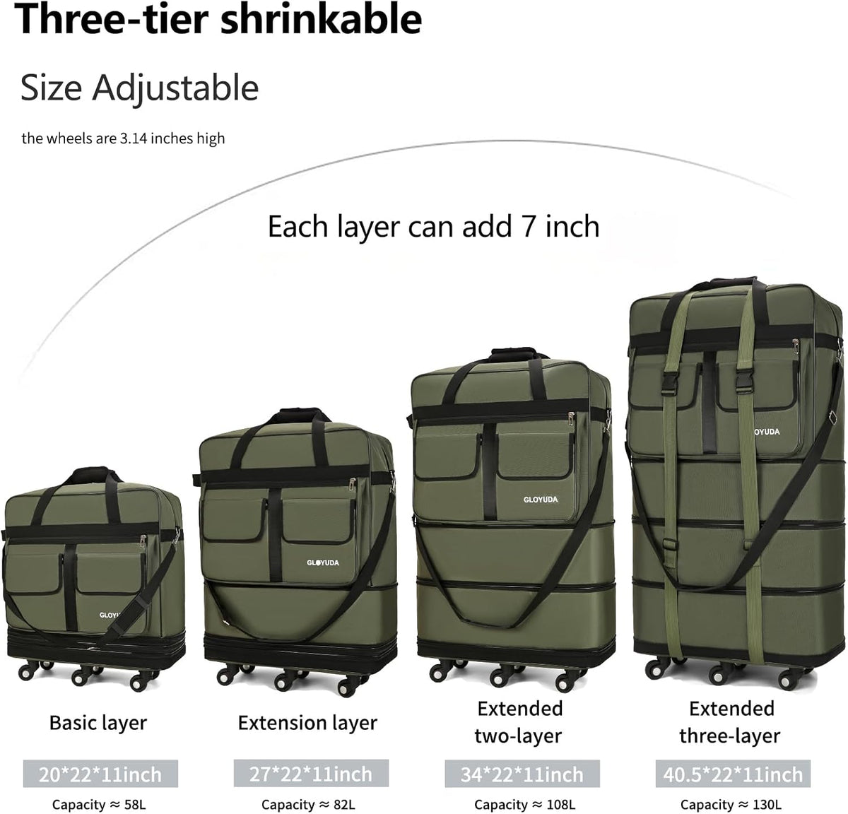 130L Expandable Luggage, 40 Inch Suitcase with Wheels, Collapsible Luggage with Wheels, Rolling Duffle Bag with wheels, Foldable Suitcasewith2Handle Wrap 2Fixing Straps 1Shoulder Strap (Green)