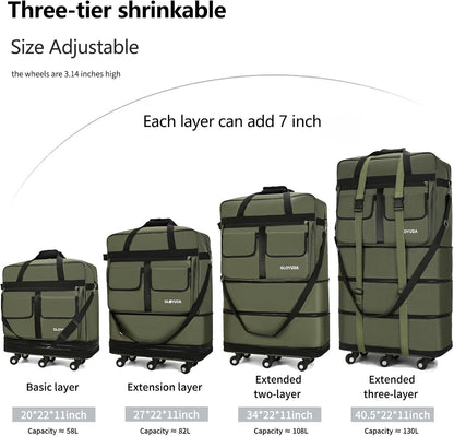 130L Expandable Luggage, 40 Inch Suitcase with Wheels, Collapsible Luggage with Wheels, Rolling Duffle Bag with wheels, Foldable Suitcasewith2Handle Wrap 2Fixing Straps 1Shoulder Strap (Green)