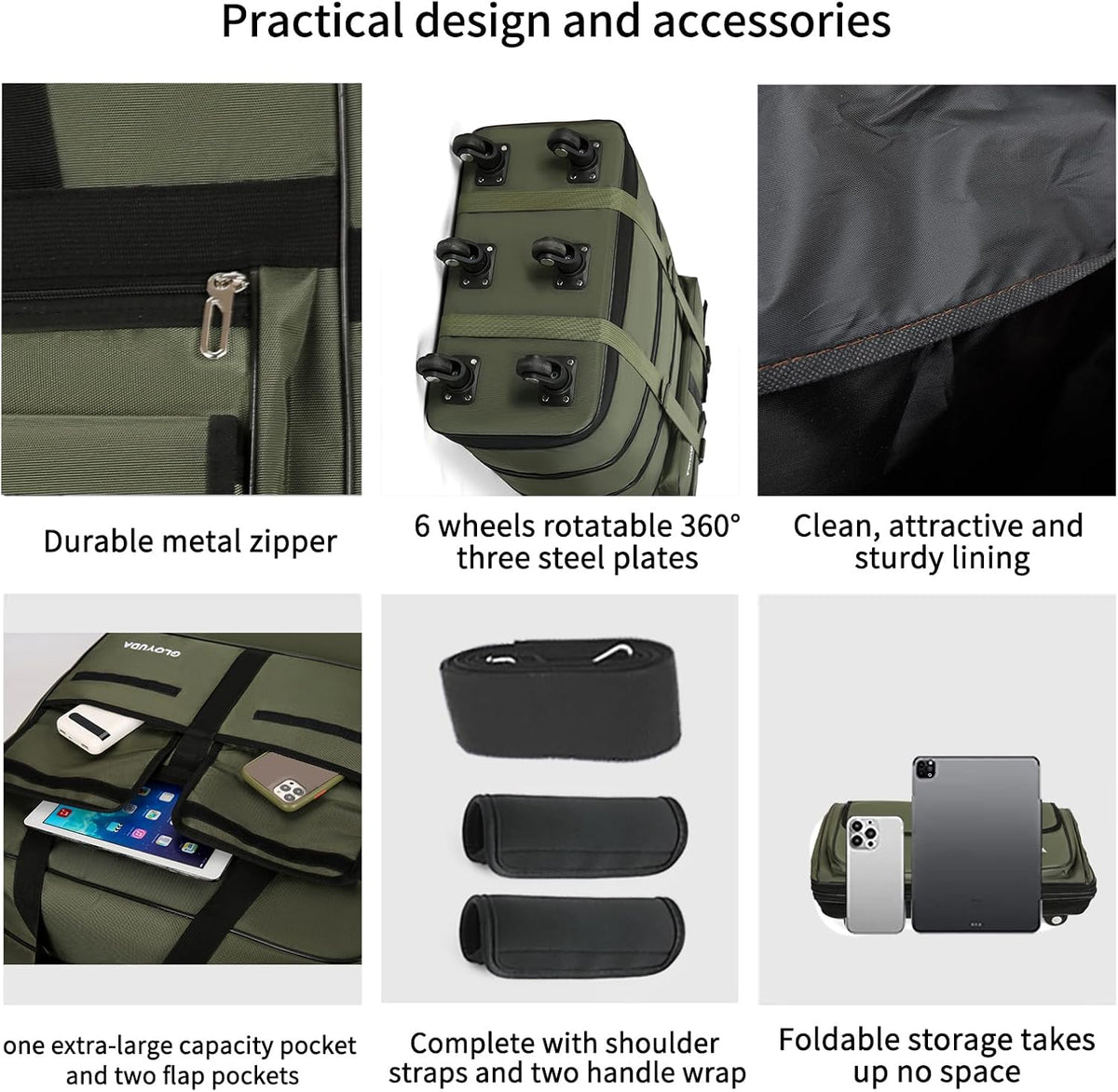 130L Expandable Luggage, 40 Inch Suitcase with Wheels, Collapsible Luggage with Wheels, Rolling Duffle Bag with wheels, Foldable Suitcasewith2Handle Wrap 2Fixing Straps 1Shoulder Strap (Green)
