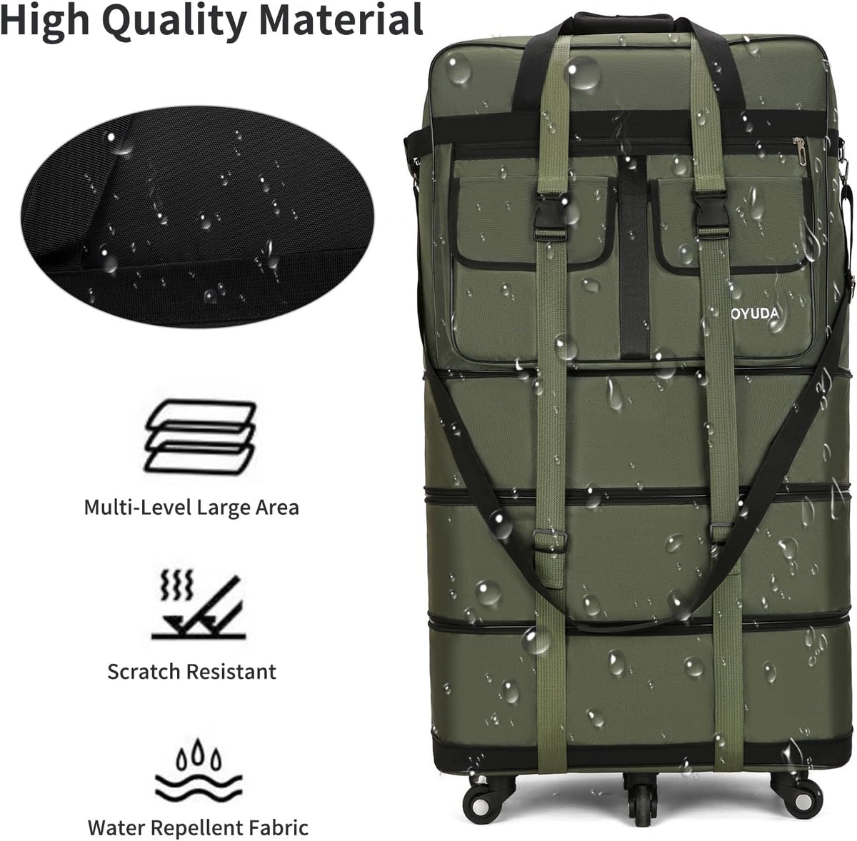 130L Expandable Luggage, 40 Inch Suitcase with Wheels, Collapsible Luggage with Wheels, Rolling Duffle Bag with wheels, Foldable Suitcasewith2Handle Wrap 2Fixing Straps 1Shoulder Strap (Green)