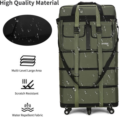 130L Expandable Luggage, 40 Inch Suitcase with Wheels, Collapsible Luggage with Wheels, Rolling Duffle Bag with wheels, Foldable Suitcasewith2Handle Wrap 2Fixing Straps 1Shoulder Strap (Green)