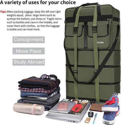 130L Expandable Luggage, 40 Inch Suitcase with Wheels, Collapsible Luggage with Wheels, Rolling Duffle Bag with wheels, Foldable Suitcasewith2Handle Wrap 2Fixing Straps 1Shoulder Strap (Green)