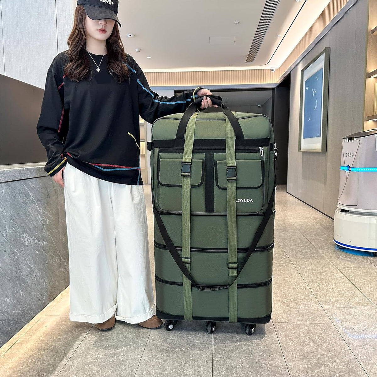130L Expandable Luggage, 40 Inch Suitcase with Wheels, Collapsible Luggage with Wheels, Rolling Duffle Bag with wheels, Foldable Suitcasewith2Handle Wrap 2Fixing Straps 1Shoulder Strap (Green)