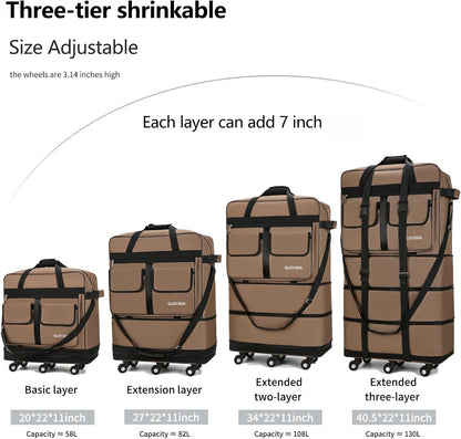 130L Expandable Luggage, 40 Inch Suitcase with Wheels, Collapsible Luggage with Wheels, Rolling Duffle Bag with wheels, Foldable Suitcasewith2Handle Wrap 2Fixing Straps 1Shoulder Strap (Green)
