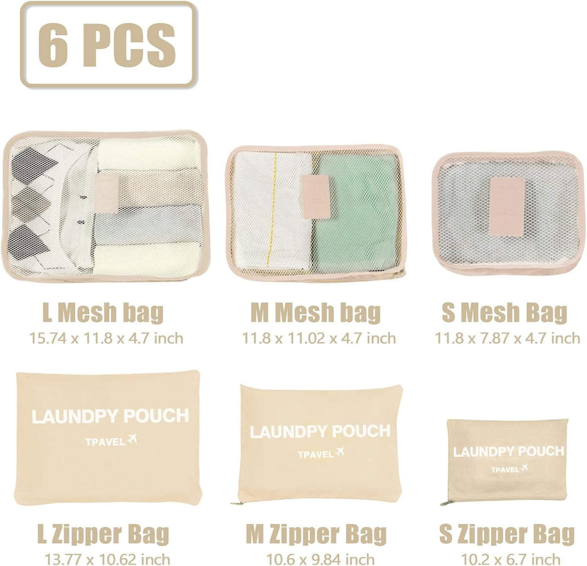 6 Set Packing Cubes Travel Compression Luggage Organizers Bag Lightweight Nylon Storage Bags for Suitcases Space-Saving Travel Accessories (Orange)