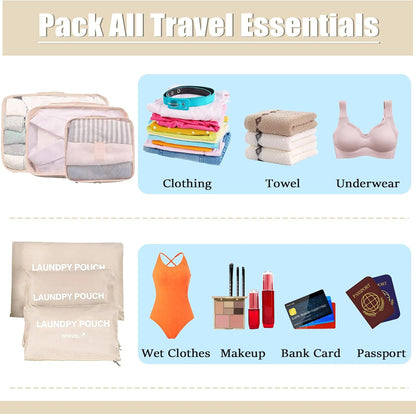 6 Set Packing Cubes Travel Compression Luggage Organizers Bag Lightweight Nylon Storage Bags for Suitcases Space-Saving Travel Accessories (Orange)