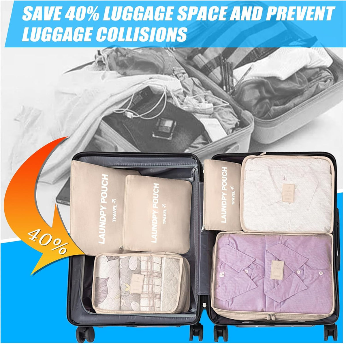 6 Set Packing Cubes Travel Compression Luggage Organizers Bag Lightweight Nylon Storage Bags for Suitcases Space-Saving Travel Accessories (Orange)