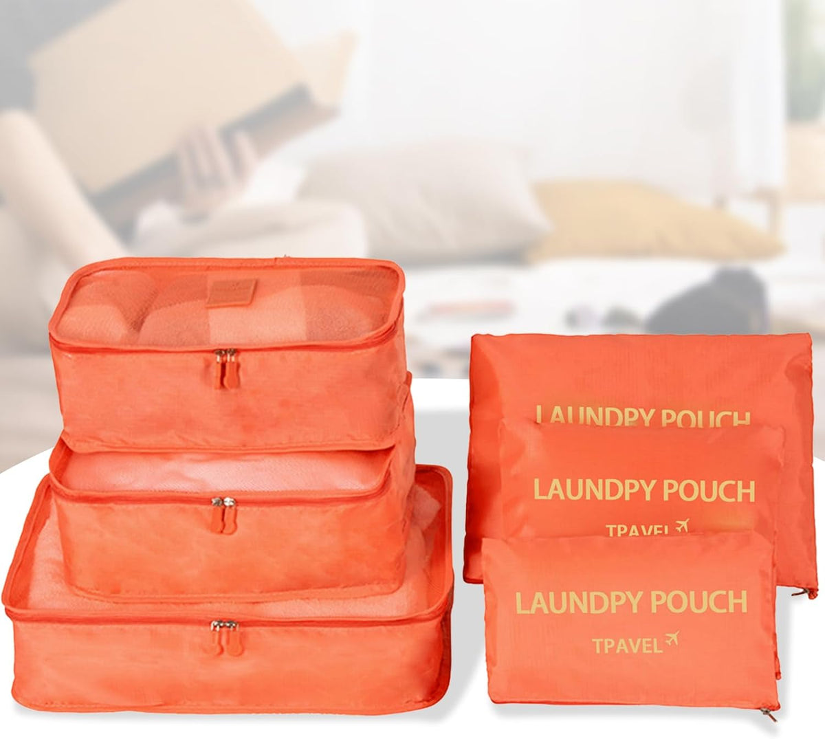 6 Set Packing Cubes Travel Compression Luggage Organizers Bag Lightweight Nylon Storage Bags for Suitcases Space-Saving Travel Accessories (Orange)