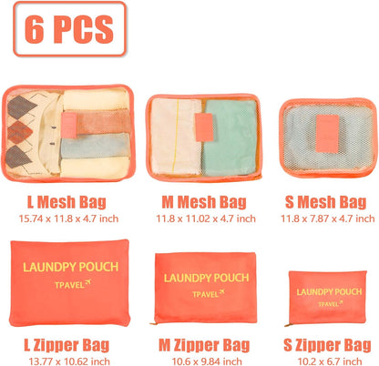 6 Set Packing Cubes Travel Compression Luggage Organizers Bag Lightweight Nylon Storage Bags for Suitcases Space-Saving Travel Accessories (Orange)