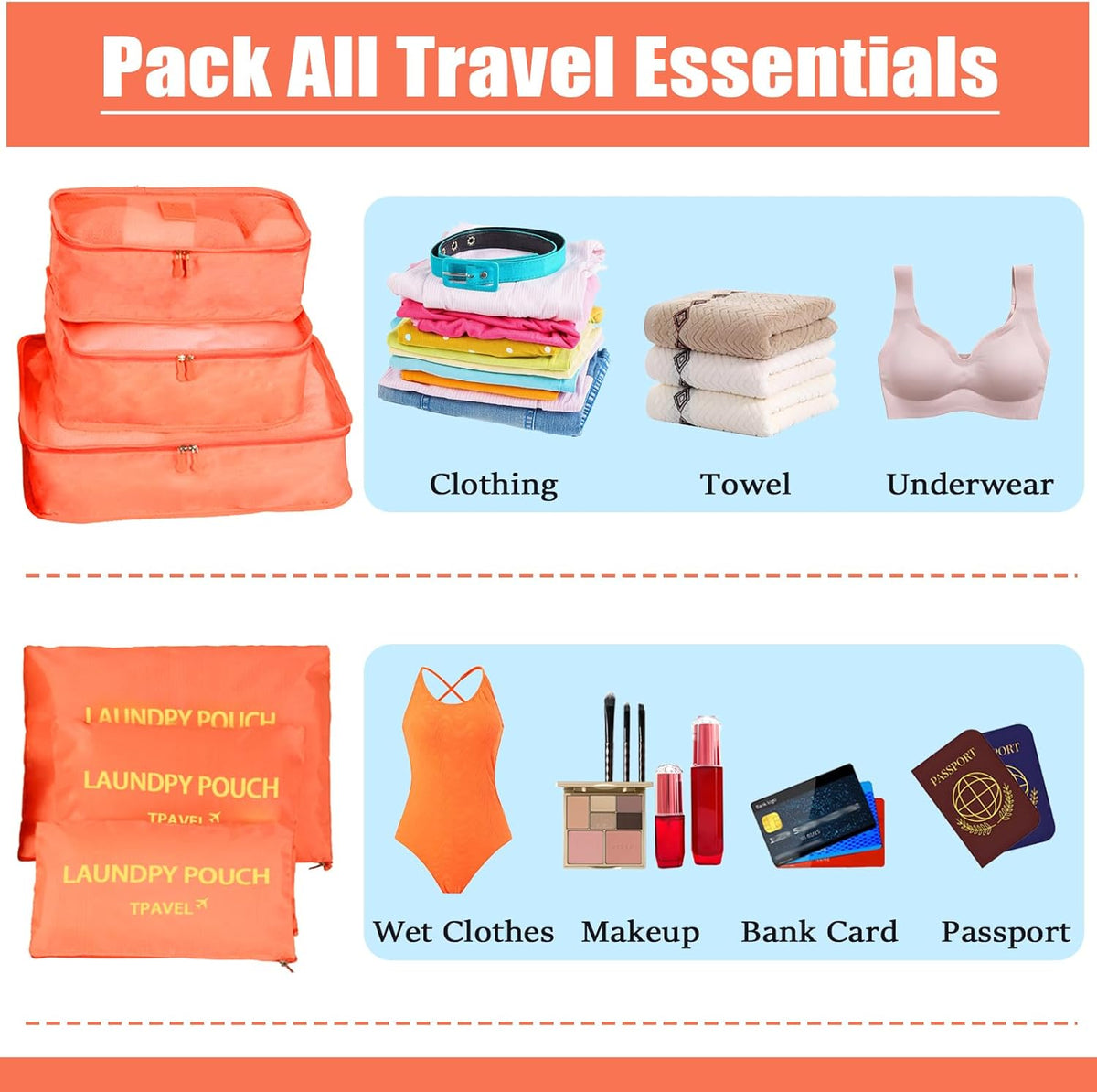 6 Set Packing Cubes Travel Compression Luggage Organizers Bag Lightweight Nylon Storage Bags for Suitcases Space-Saving Travel Accessories (Orange)
