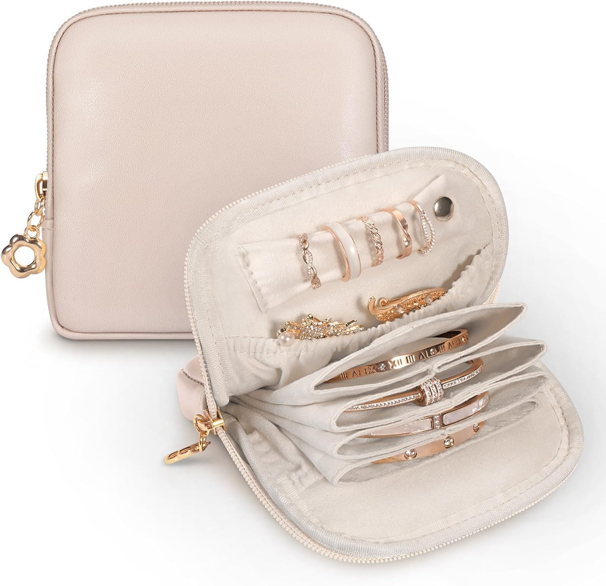 Small Travel Jewelry Case with Ring Holder, Mini Velvet Jewelry Pouch Bags, Compact Storage Organizer for Bracelet Necklaces Earrings Travel Essentials, Graduation Gift for Women (Cream White)