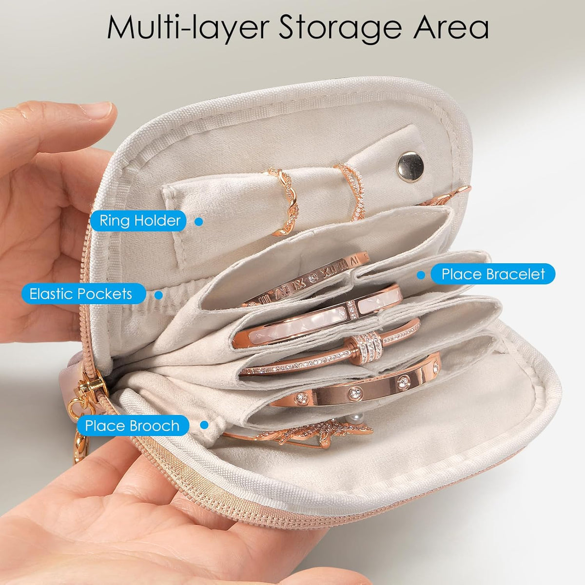 Small Travel Jewelry Case with Ring Holder, Mini Velvet Jewelry Pouch Bags, Compact Storage Organizer for Bracelet Necklaces Earrings Travel Essentials, Graduation Gift for Women (Cream White)