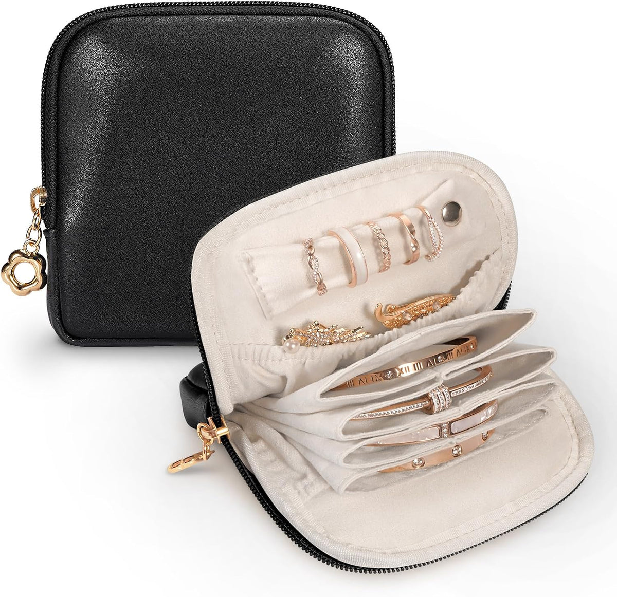 Small Travel Jewelry Case with Ring Holder, Mini Velvet Jewelry Pouch Bags, Compact Storage Organizer for Bracelet Necklaces Earrings Travel Essentials, Graduation Gift for Women (Cream White)