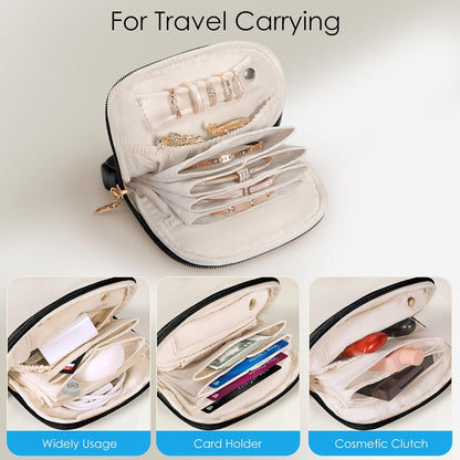 Small Travel Jewelry Case with Ring Holder, Mini Velvet Jewelry Pouch Bags, Compact Storage Organizer for Bracelet Necklaces Earrings Travel Essentials, Graduation Gift for Women (Cream White)