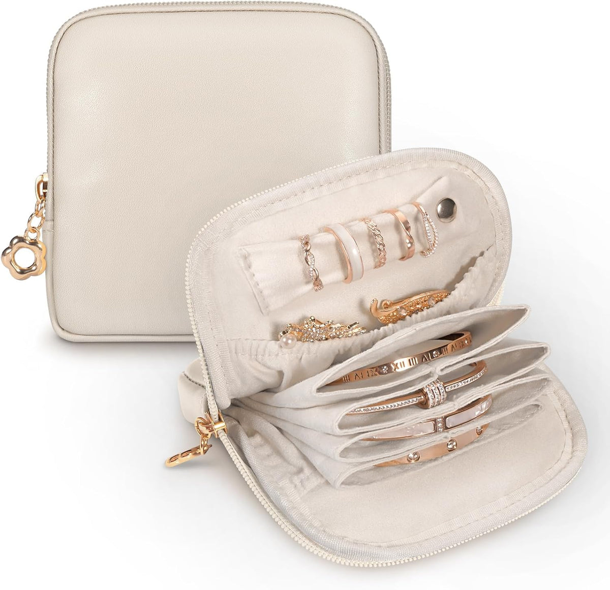 Small Travel Jewelry Case with Ring Holder, Mini Velvet Jewelry Pouch Bags, Compact Storage Organizer for Bracelet Necklaces Earrings Travel Essentials, Graduation Gift for Women (Cream White)