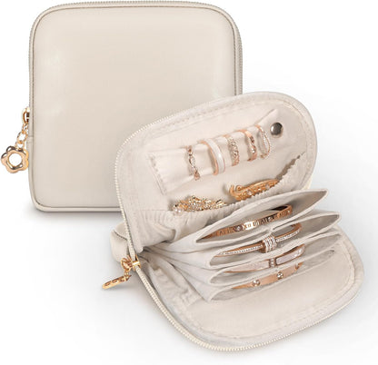 Small Travel Jewelry Case with Ring Holder, Mini Velvet Jewelry Pouch Bags, Compact Storage Organizer for Bracelet Necklaces Earrings Travel Essentials, Graduation Gift for Women (Cream White)