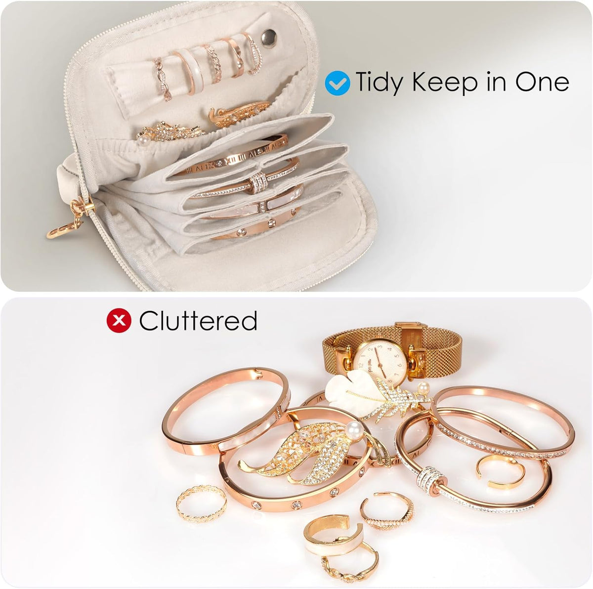 Small Travel Jewelry Case with Ring Holder, Mini Velvet Jewelry Pouch Bags, Compact Storage Organizer for Bracelet Necklaces Earrings Travel Essentials, Graduation Gift for Women (Cream White)