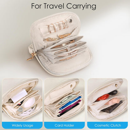 Small Travel Jewelry Case with Ring Holder, Mini Velvet Jewelry Pouch Bags, Compact Storage Organizer for Bracelet Necklaces Earrings Travel Essentials, Graduation Gift for Women (Cream White)