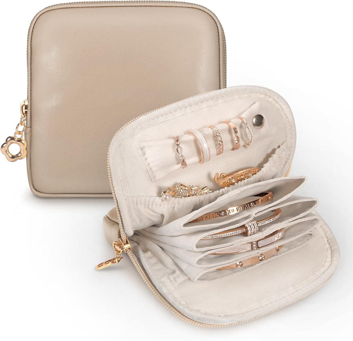 Small Travel Jewelry Case with Ring Holder, Mini Velvet Jewelry Pouch Bags, Compact Storage Organizer for Bracelet Necklaces Earrings Travel Essentials, Graduation Gift for Women (Cream White)