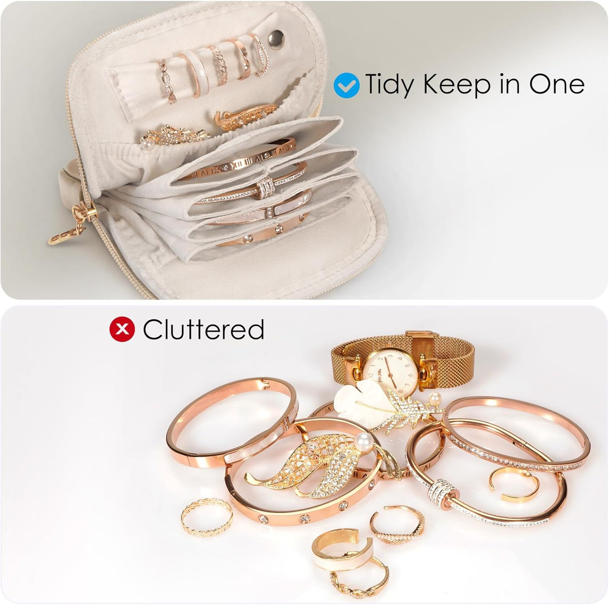 Small Travel Jewelry Case with Ring Holder, Mini Velvet Jewelry Pouch Bags, Compact Storage Organizer for Bracelet Necklaces Earrings Travel Essentials, Graduation Gift for Women (Cream White)