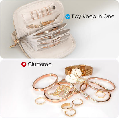 Small Travel Jewelry Case with Ring Holder, Mini Velvet Jewelry Pouch Bags, Compact Storage Organizer for Bracelet Necklaces Earrings Travel Essentials, Graduation Gift for Women (Cream White)