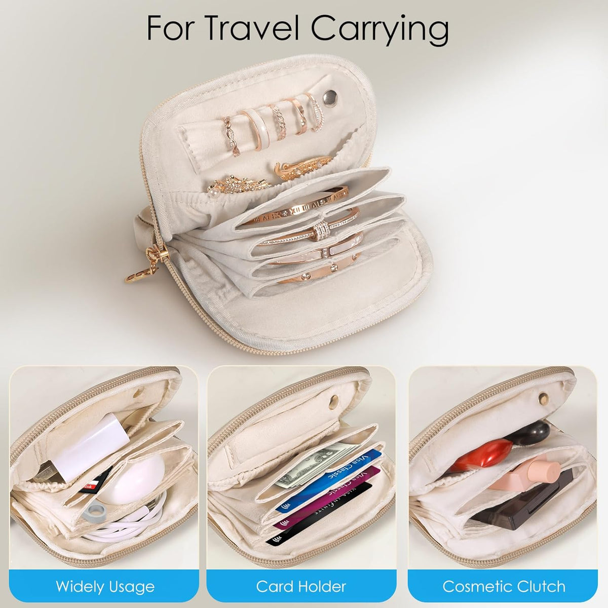 Small Travel Jewelry Case with Ring Holder, Mini Velvet Jewelry Pouch Bags, Compact Storage Organizer for Bracelet Necklaces Earrings Travel Essentials, Graduation Gift for Women (Cream White)