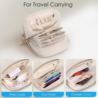 Small Travel Jewelry Case with Ring Holder, Mini Velvet Jewelry Pouch Bags, Compact Storage Organizer for Bracelet Necklaces Earrings Travel Essentials, Graduation Gift for Women (Cream White)