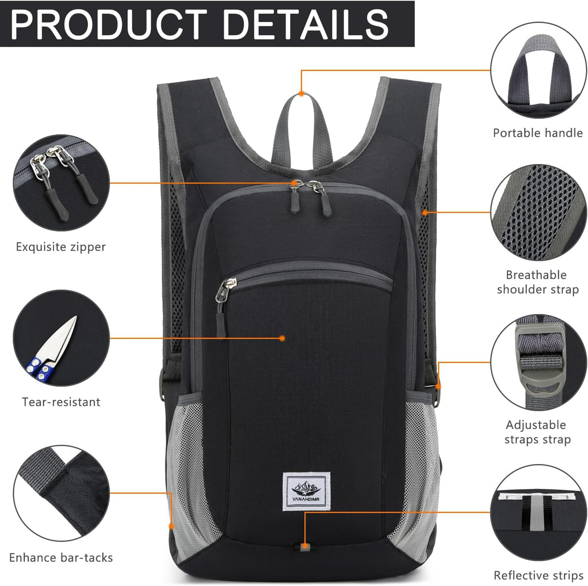 15L Lightweight Hiking Backpack Foldable Small Travel Backpack Packable Camping Backpack for Women Men (Black)