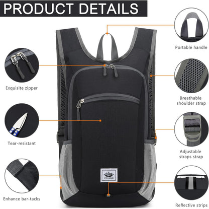 15L Lightweight Hiking Backpack Foldable Small Travel Backpack Packable Camping Backpack for Women Men (Black)