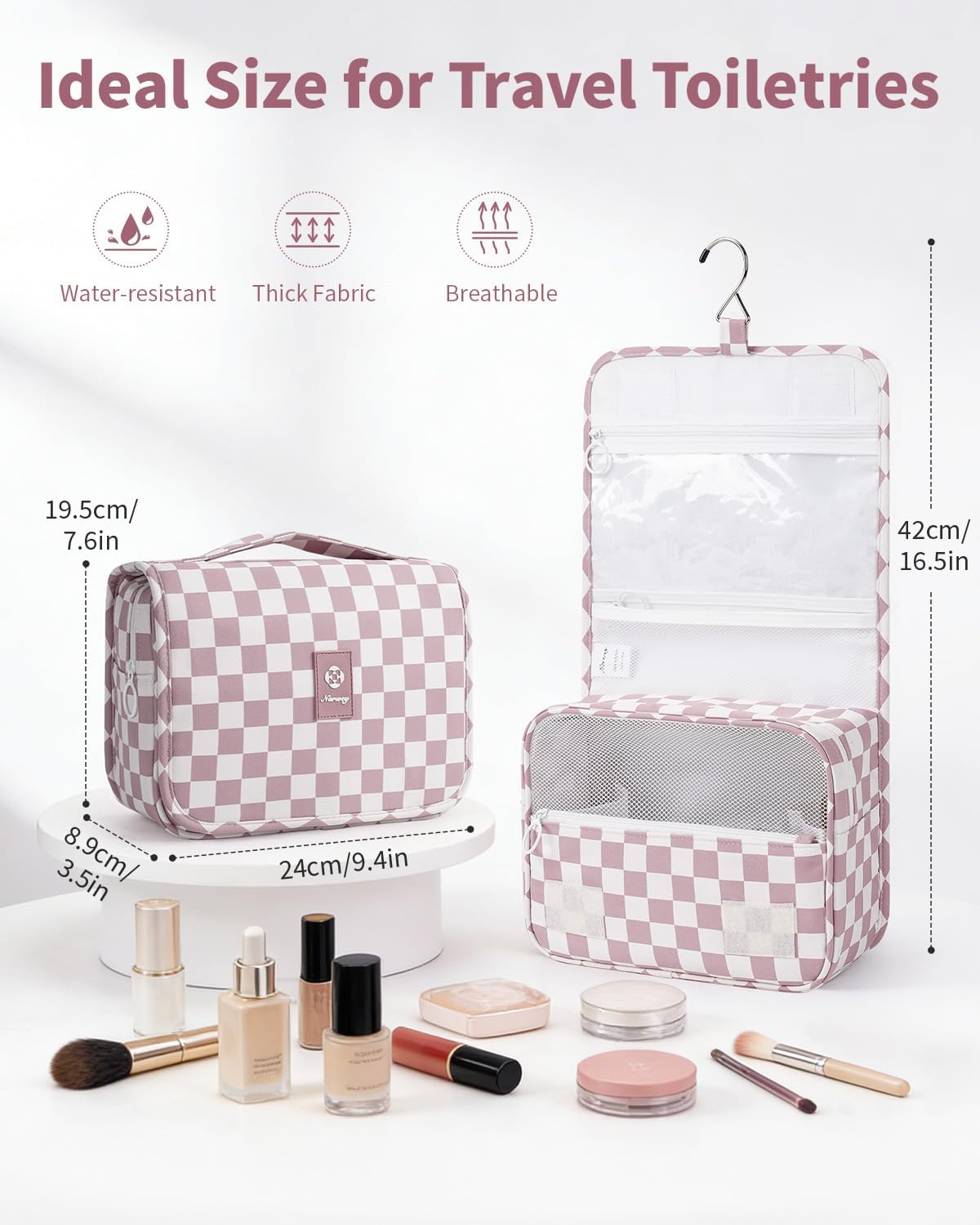 Small Hanging Toiletry Bag for Travel Women Girl, Striped Toiletries Travel Bag with Hook, Hanging Makeup Bag Organizer Make Up Cosmetic Bags, Gifts for Kids Teen (Mint Green Stripe)