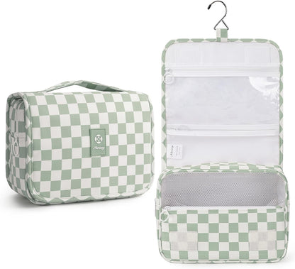 Small Hanging Toiletry Bag for Travel Women Girl, Striped Toiletries Travel Bag with Hook, Hanging Makeup Bag Organizer Make Up Cosmetic Bags, Gifts for Kids Teen (Mint Green Stripe)