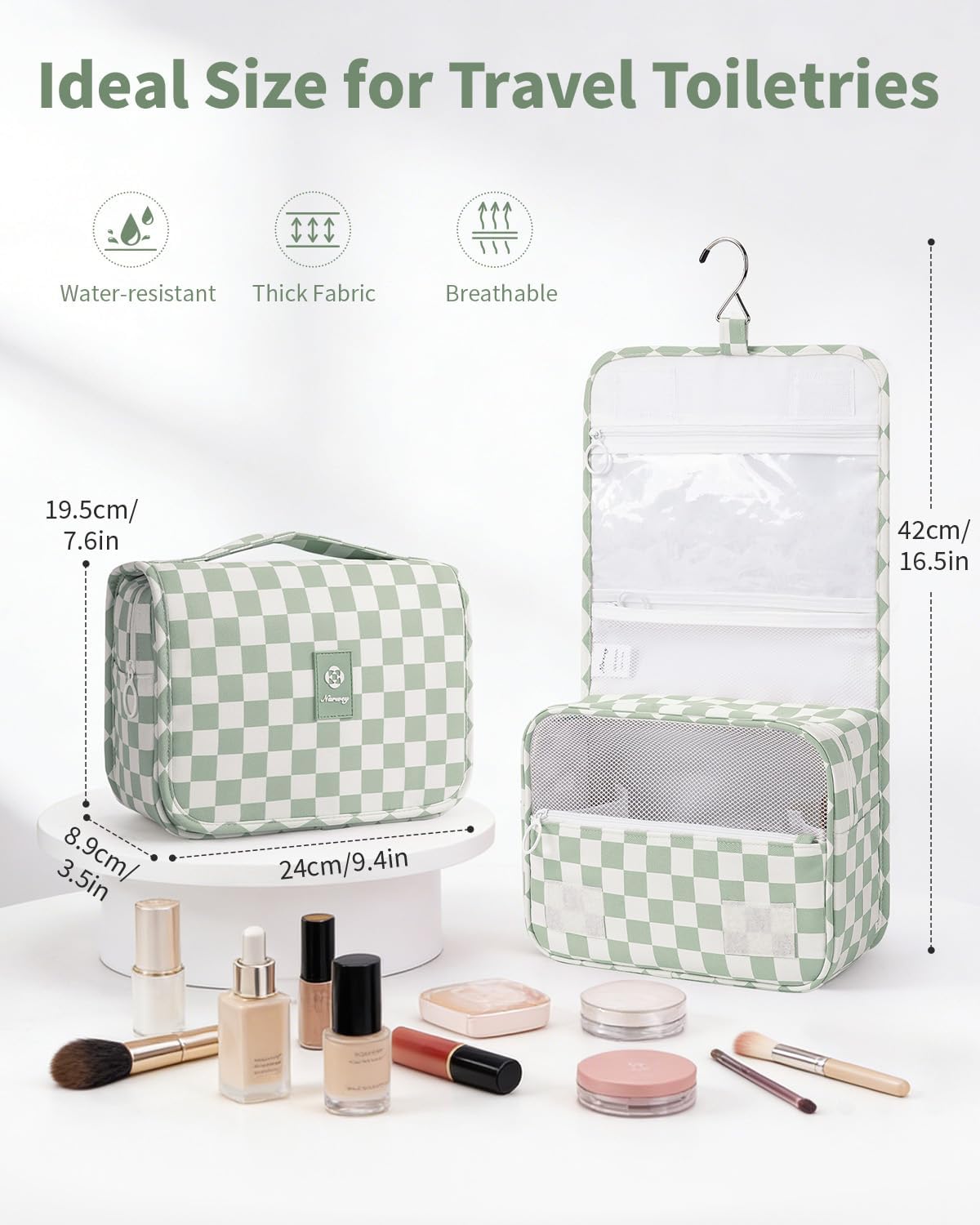 Small Hanging Toiletry Bag for Travel Women Girl, Striped Toiletries Travel Bag with Hook, Hanging Makeup Bag Organizer Make Up Cosmetic Bags, Gifts for Kids Teen (Mint Green Stripe)