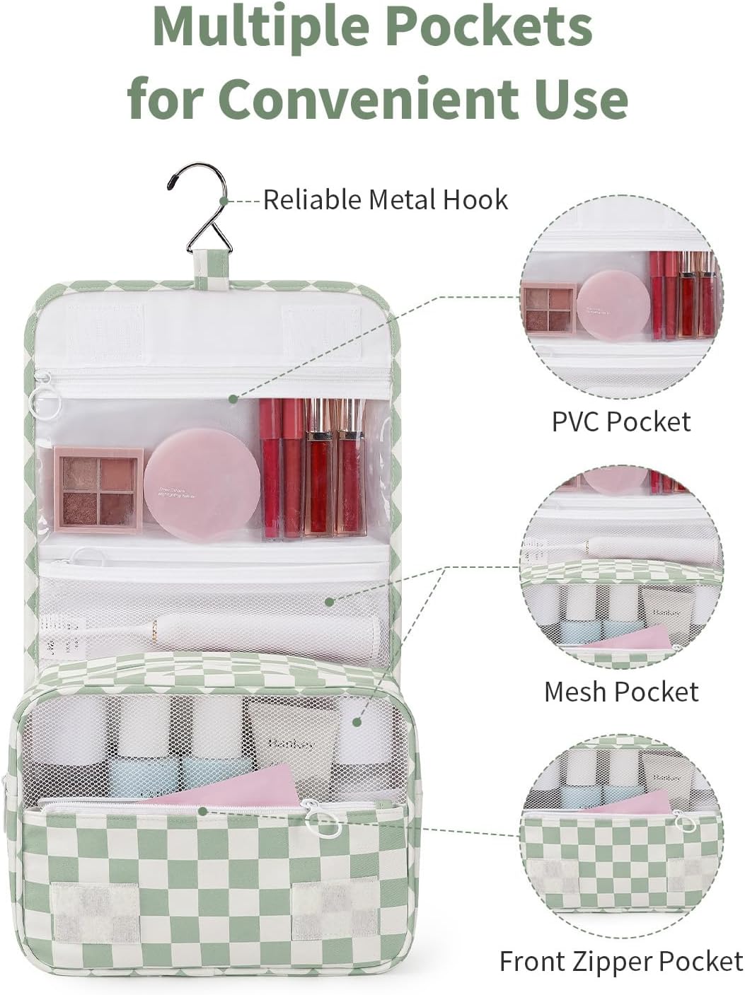 Small Hanging Toiletry Bag for Travel Women Girl, Striped Toiletries Travel Bag with Hook, Hanging Makeup Bag Organizer Make Up Cosmetic Bags, Gifts for Kids Teen (Mint Green Stripe)