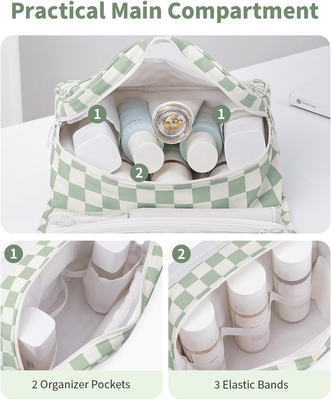 Small Hanging Toiletry Bag for Travel Women Girl, Striped Toiletries Travel Bag with Hook, Hanging Makeup Bag Organizer Make Up Cosmetic Bags, Gifts for Kids Teen (Mint Green Stripe)