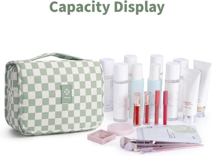Small Hanging Toiletry Bag for Travel Women Girl, Striped Toiletries Travel Bag with Hook, Hanging Makeup Bag Organizer Make Up Cosmetic Bags, Gifts for Kids Teen (Mint Green Stripe)