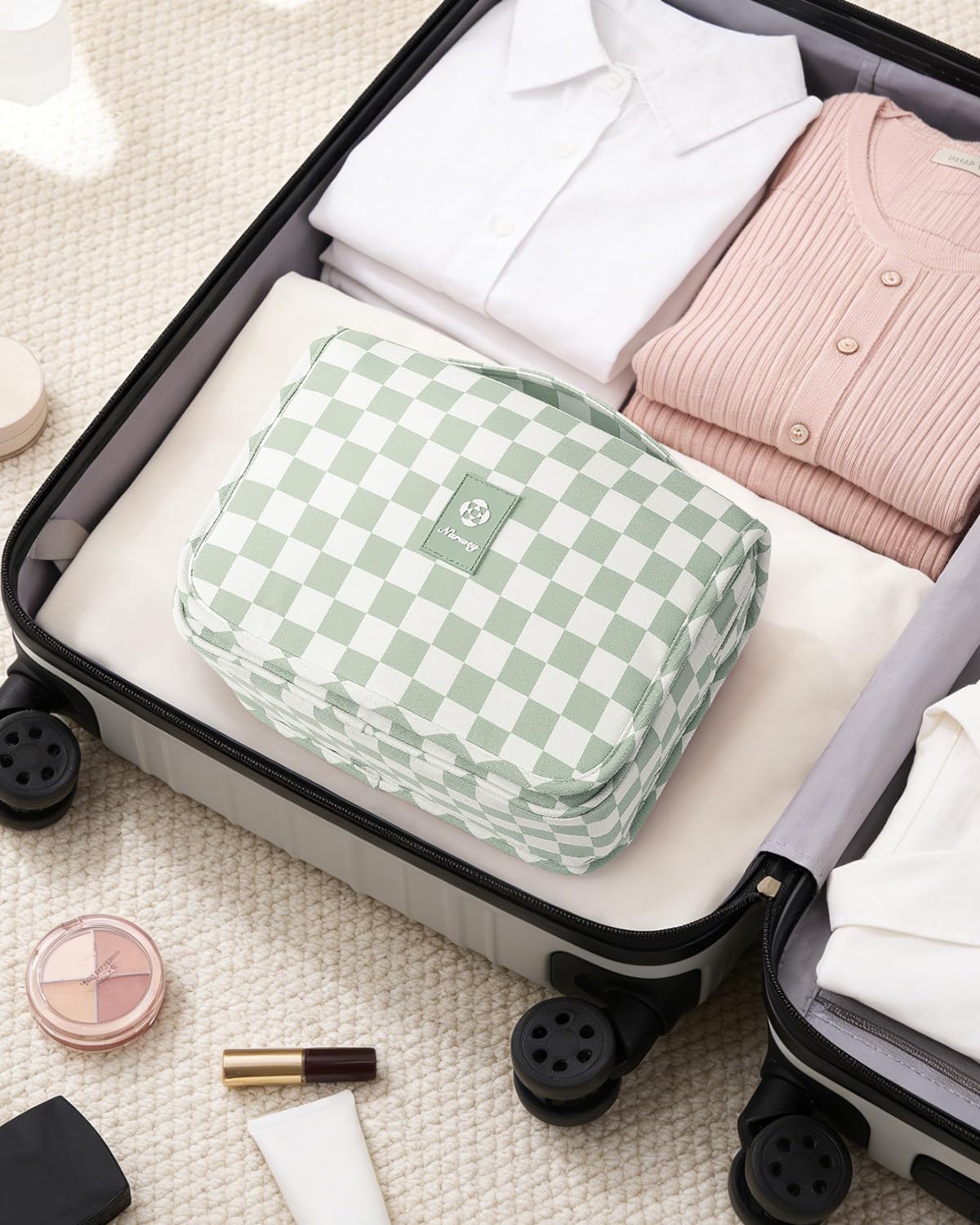 Small Hanging Toiletry Bag for Travel Women Girl, Striped Toiletries Travel Bag with Hook, Hanging Makeup Bag Organizer Make Up Cosmetic Bags, Gifts for Kids Teen (Mint Green Stripe)