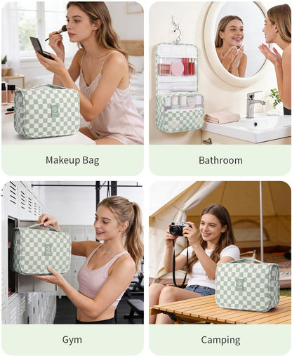 Small Hanging Toiletry Bag for Travel Women Girl, Striped Toiletries Travel Bag with Hook, Hanging Makeup Bag Organizer Make Up Cosmetic Bags, Gifts for Kids Teen (Mint Green Stripe)