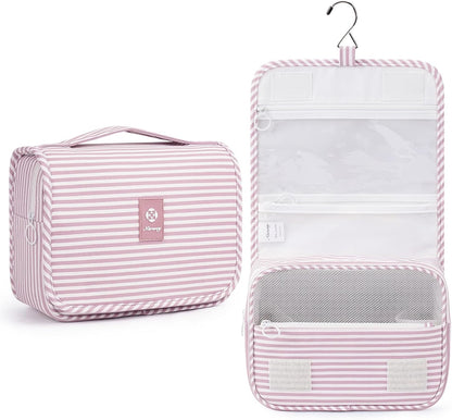 Small Hanging Toiletry Bag for Travel Women Girl, Striped Toiletries Travel Bag with Hook, Hanging Makeup Bag Organizer Make Up Cosmetic Bags, Gifts for Kids Teen (Mint Green Stripe)