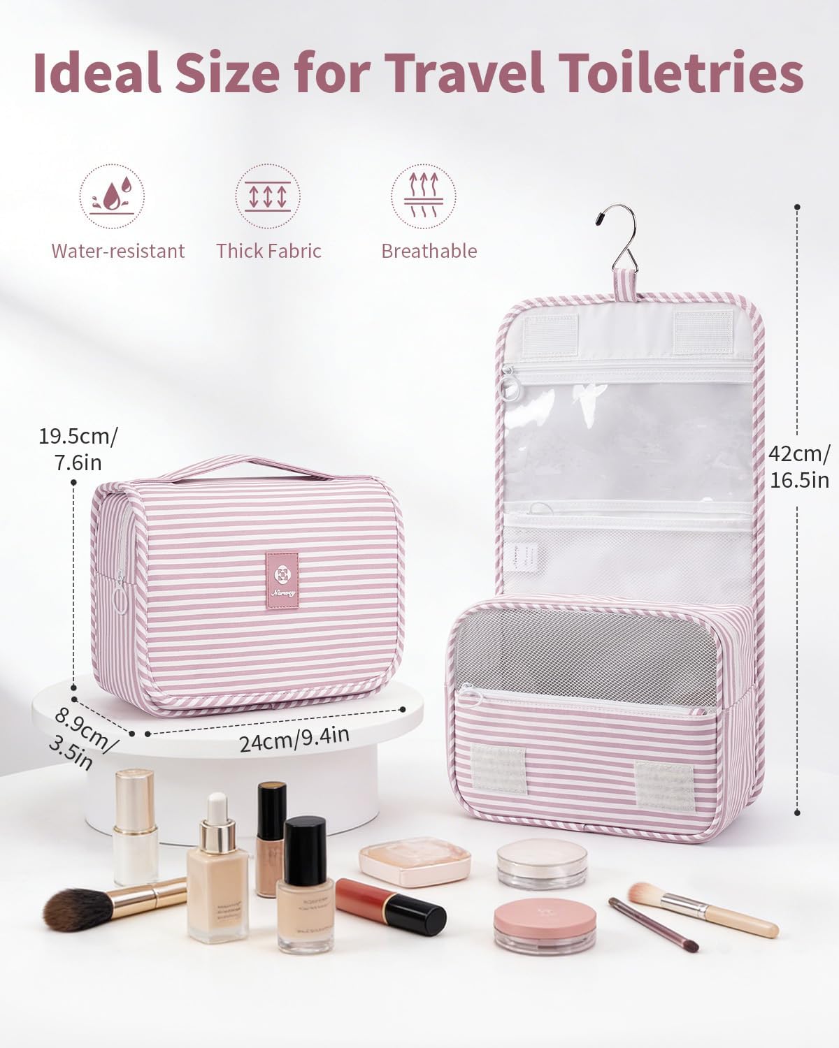 Small Hanging Toiletry Bag for Travel Women Girl, Striped Toiletries Travel Bag with Hook, Hanging Makeup Bag Organizer Make Up Cosmetic Bags, Gifts for Kids Teen (Mint Green Stripe)