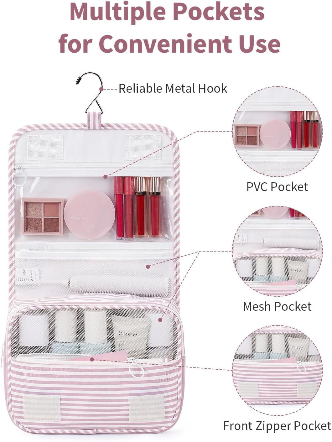 Small Hanging Toiletry Bag for Travel Women Girl, Striped Toiletries Travel Bag with Hook, Hanging Makeup Bag Organizer Make Up Cosmetic Bags, Gifts for Kids Teen (Mint Green Stripe)