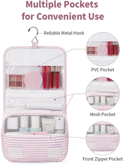 Small Hanging Toiletry Bag for Travel Women Girl, Striped Toiletries Travel Bag with Hook, Hanging Makeup Bag Organizer Make Up Cosmetic Bags, Gifts for Kids Teen (Mint Green Stripe)