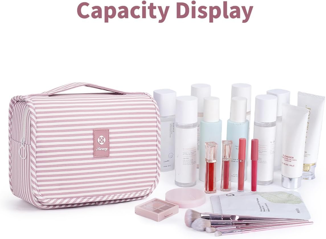 Small Hanging Toiletry Bag for Travel Women Girl, Striped Toiletries Travel Bag with Hook, Hanging Makeup Bag Organizer Make Up Cosmetic Bags, Gifts for Kids Teen (Mint Green Stripe)