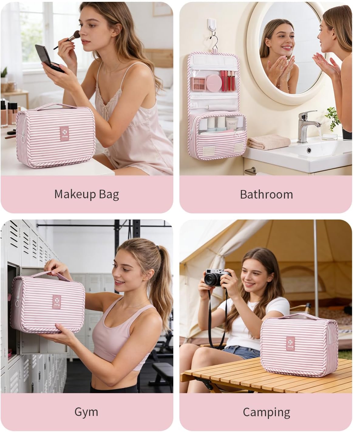 Small Hanging Toiletry Bag for Travel Women Girl, Striped Toiletries Travel Bag with Hook, Hanging Makeup Bag Organizer Make Up Cosmetic Bags, Gifts for Kids Teen (Mint Green Stripe)