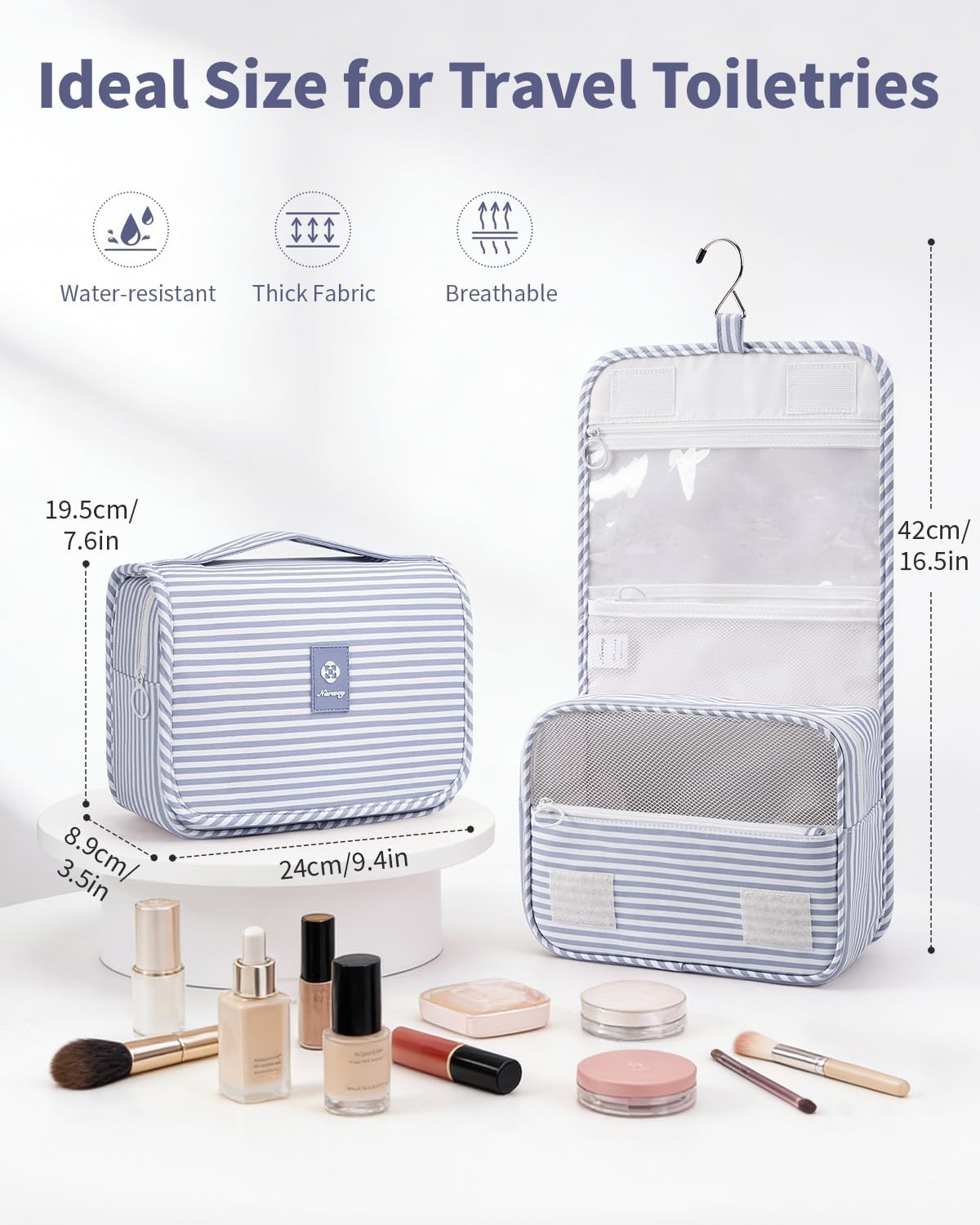 Small Hanging Toiletry Bag for Travel Women Girl, Striped Toiletries Travel Bag with Hook, Hanging Makeup Bag Organizer Make Up Cosmetic Bags, Gifts for Kids Teen (Mint Green Stripe)