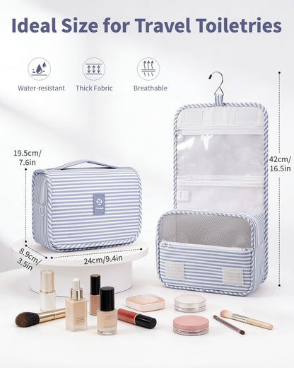 Small Hanging Toiletry Bag for Travel Women Girl, Striped Toiletries Travel Bag with Hook, Hanging Makeup Bag Organizer Make Up Cosmetic Bags, Gifts for Kids Teen (Mint Green Stripe)