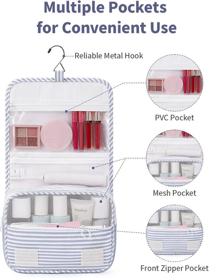 Small Hanging Toiletry Bag for Travel Women Girl, Striped Toiletries Travel Bag with Hook, Hanging Makeup Bag Organizer Make Up Cosmetic Bags, Gifts for Kids Teen (Mint Green Stripe)